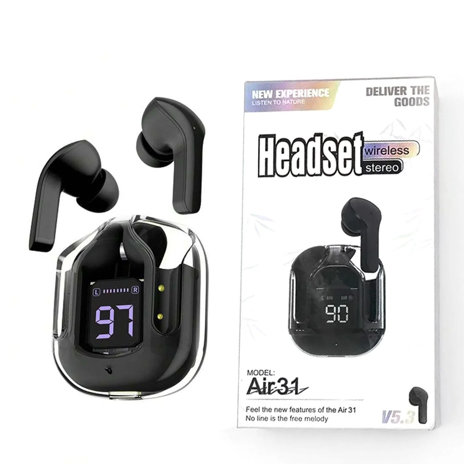 Air 31 TWS Transparent Earbuds – Bluetooth 5.3, LCD Display, Deep Bass
